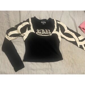 Von Dutch Womens Black White Graphic Long Sleeve Tribal Logo Tee Shirt M